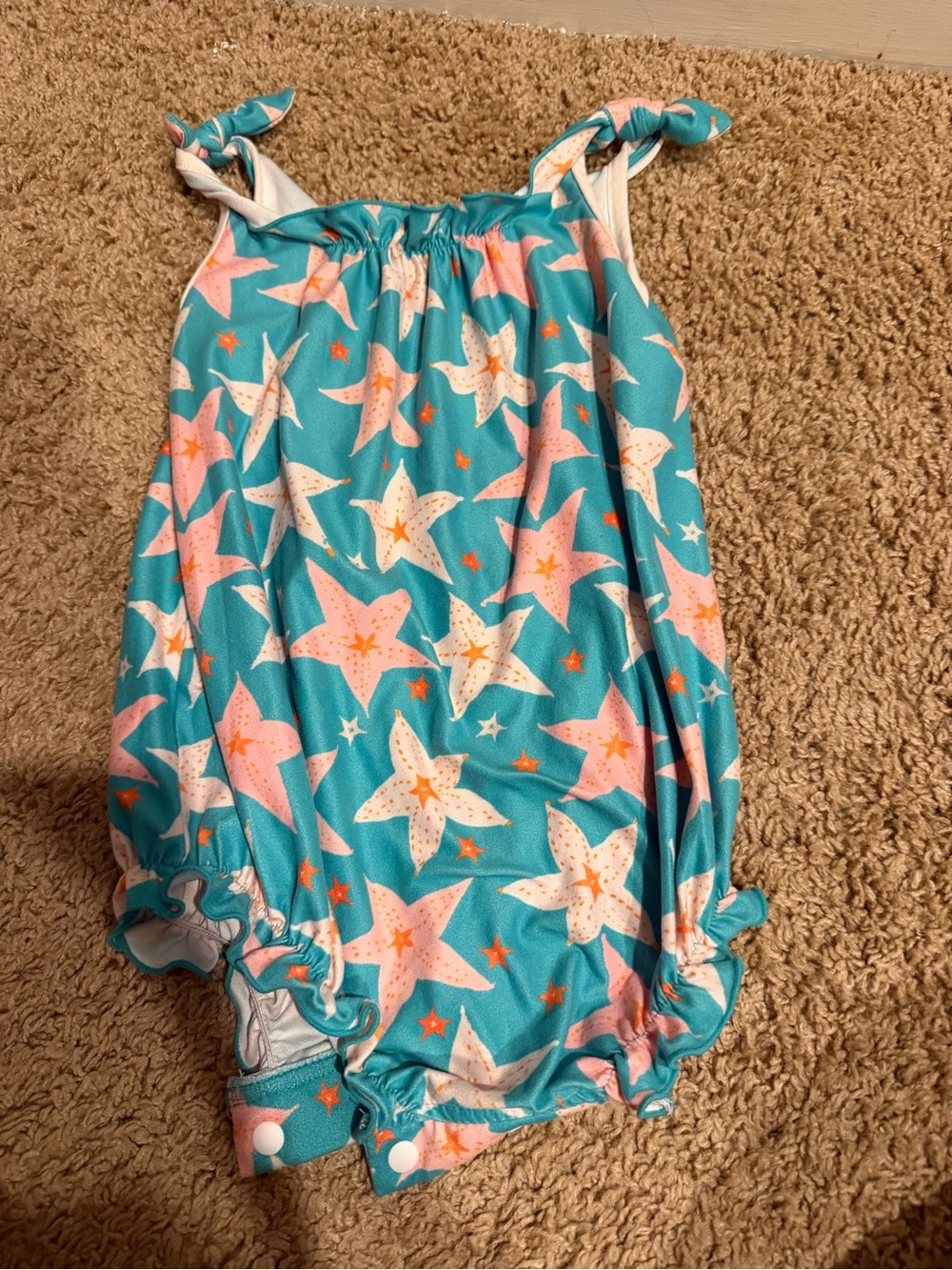 SweetHoney Turquoise Starfish Bubble Romper with Pink & Cream Accents